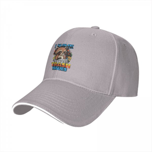 Black baseball cap with raccoon 'I Have Trash Issues' graphic