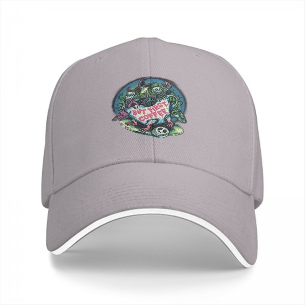 Black Baseball Cap With 'But First Coffee' Halloween Themed Print