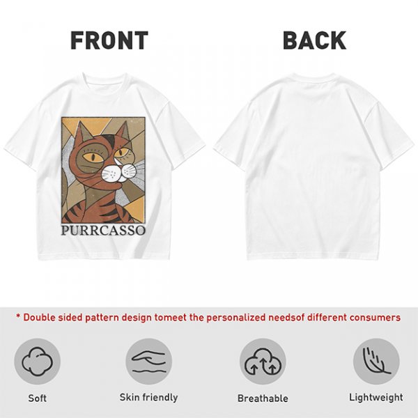 Olive green t-shirt with cubist style cat print and Purrcasso text