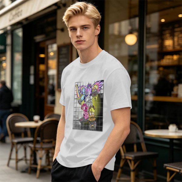 Olive T-shirt with colorful robot transformer graphic print