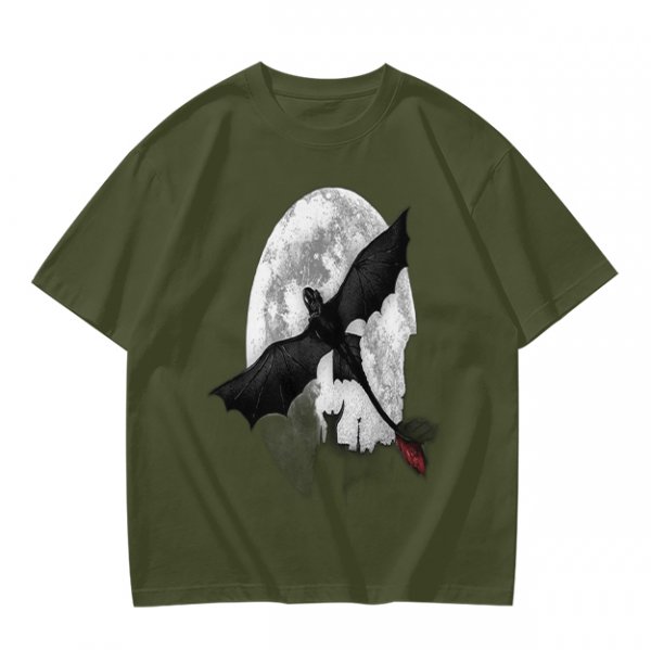 Olive T-Shirt Featuring Night Fury Dragon Flying In Front Of Full Moon