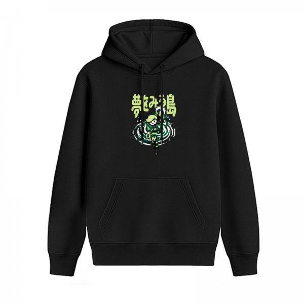 Black hoodie with pixel art character and water ripples graphic