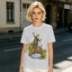 Olive T-shirt with fantasy characters balancing on a log over a stream