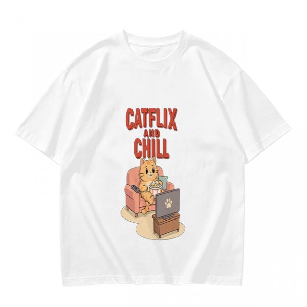 Catflix and Chill Orange Cat Watching TV Graphic T-Shirt
