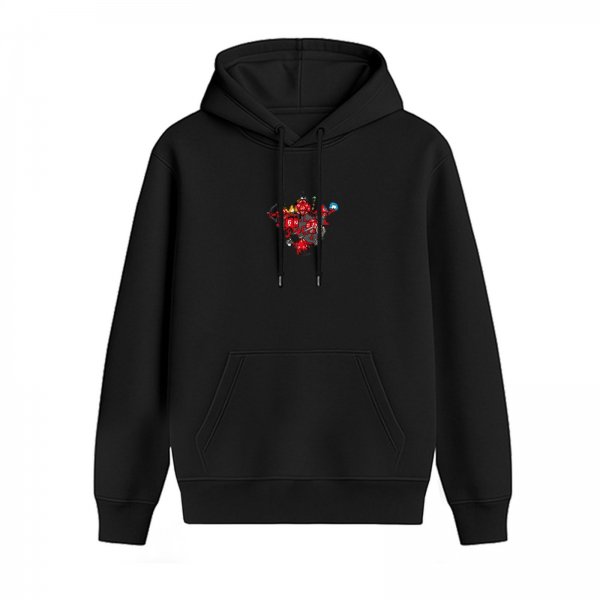 Black Hoodie With Small Red Graphic Print On Chest