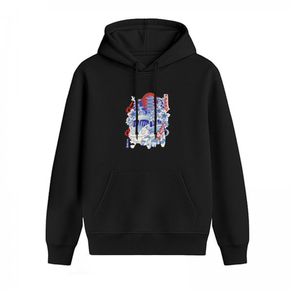 Black hoodie with Japanese style cat and pagoda graphic print