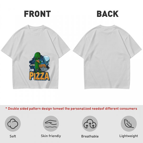 Olive Green T-Shirt with Alien Eating Pizza UFO Graphic