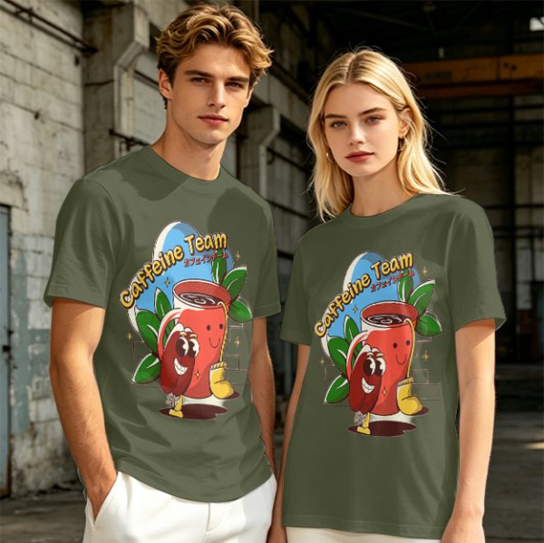 Olive green graphic t-shirt with caffeine team coffee cup and bean illustration
