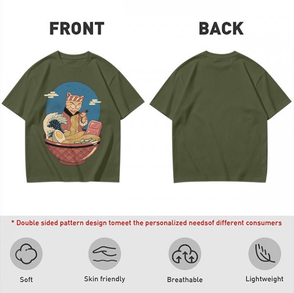 Cat Chef Eating Ramen in Great Wave Bowl T-Shirt