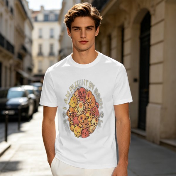 Olive t-shirt with cute puppy pile graphic and playful text