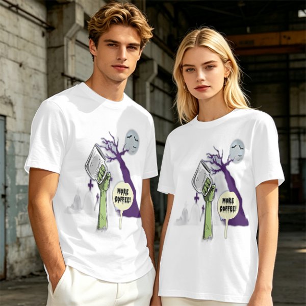 Olive Zombie Hand Holding Coffee Mug 'More Coffee!' Graphic T-Shirt