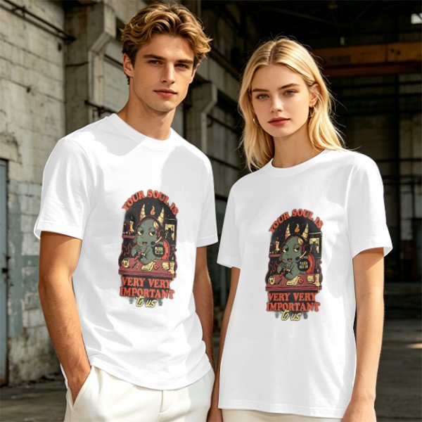 Olive t-shirt with devil call center graphic and 'Your Soul Is Very Important To Us' text
