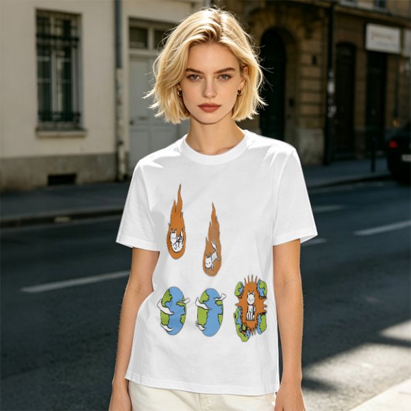 Olive Graphic Tee With Falling Cat Comets And Earth Artwork
