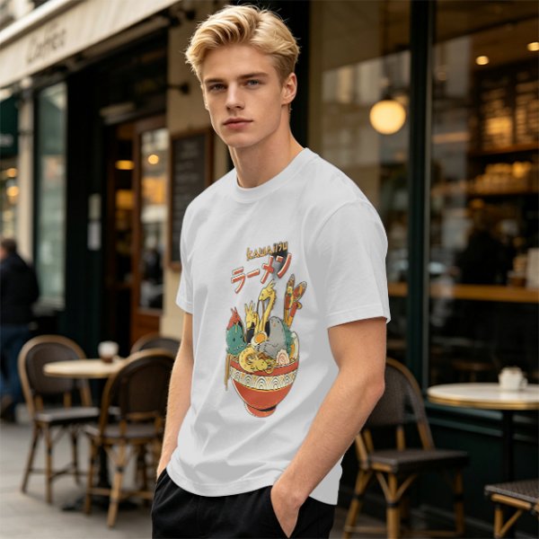 Olive T-Shirt with Kawaii Ramen Monster Bowl Graphic