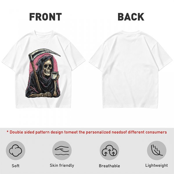 Olive T-Shirt Featuring Grim Reaper Holding Coffee and Scythe