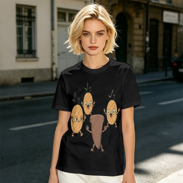 Olive T-Shirt With Cartoon Pineapples And Brown Character Graphic