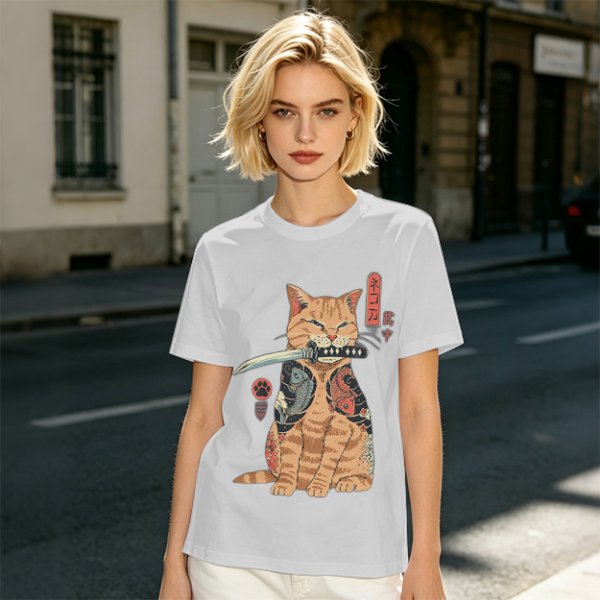 Olive T-Shirt With Samurai Cat Holding Katana And Koi Tattoos