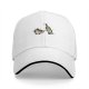 Black baseball cap with cartoon coffee cup and wine bottle graphic