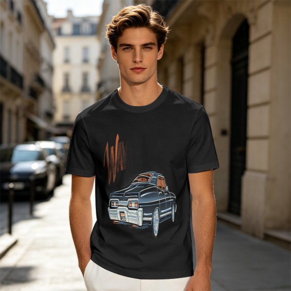 Olive Green Graphic T-Shirt with Classic Dark Car and Orange Text Print