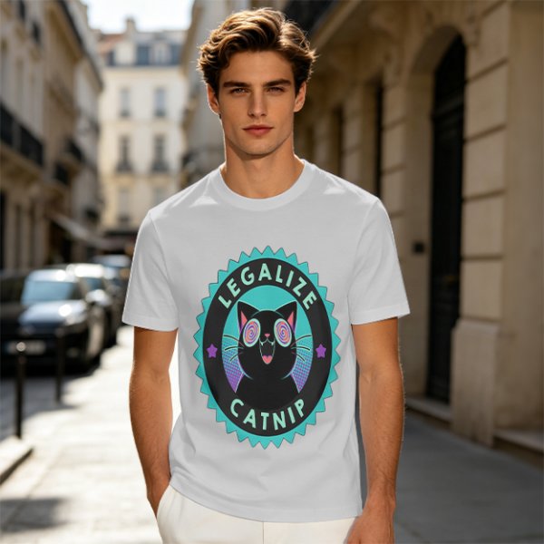 Olive T-Shirt with 'Legalize Catnip' Hypnotic Black Cat Graphic