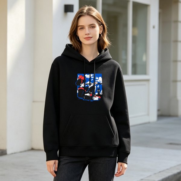 Black hoodie with anime witch and cat window print
