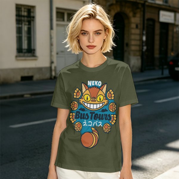 Neko Bus Tours Cat Graphic Olive T-Shirt