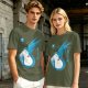 Olive T-shirt with Blue Star Bird and Japanese Graphic Print
