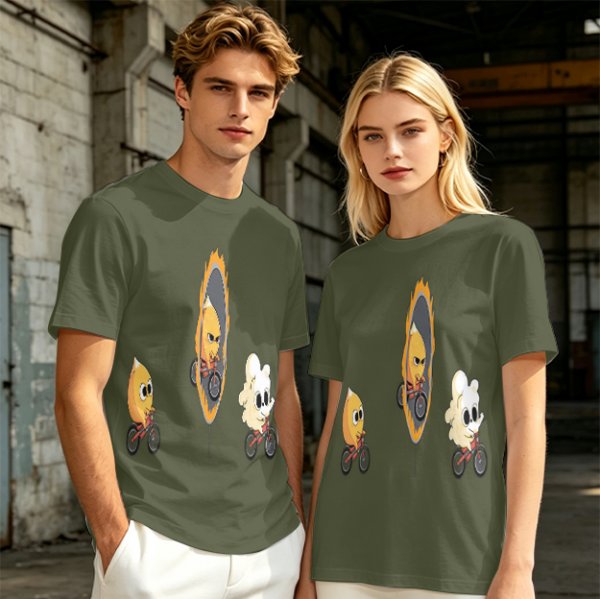 Olive T-Shirt With Cartoon Characters Riding Bikes Through Portal