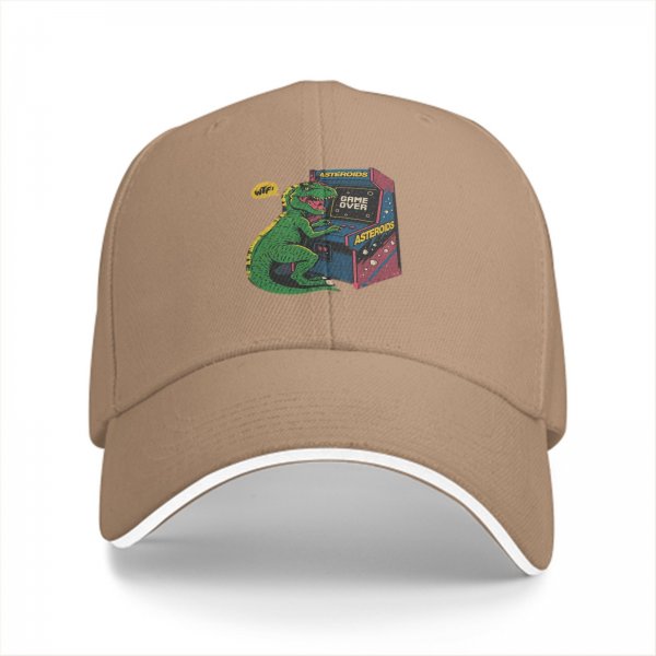 Black Baseball Cap with T-Rex Playing Asteroids Arcade Game Over Print