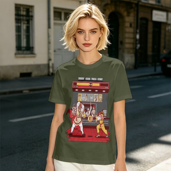 Olive T-shirt with Fast Food Themed Street Fighter Style Fight Artwork