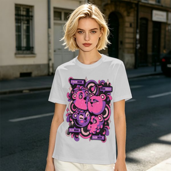 Olive T-shirt with playful bear-fruit graphic print