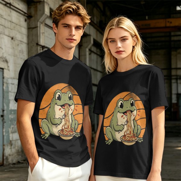 Olive Green T-Shirt Featuring a Frog Eating Spaghetti Graphic