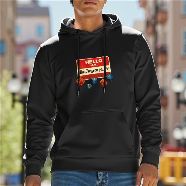 Dungeon Master Name Tag Dice Graphic Black Hoodie