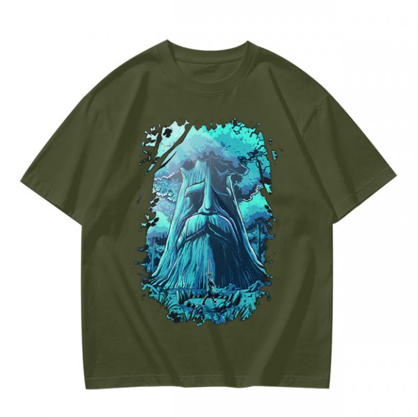 Olive Green T-Shirt With Mystical Ancient Tree Face Print