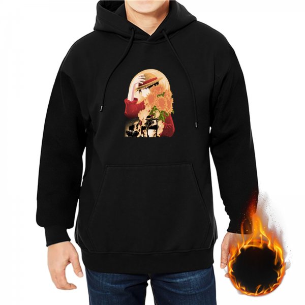 Black hoodie with anime character and floral graphic print