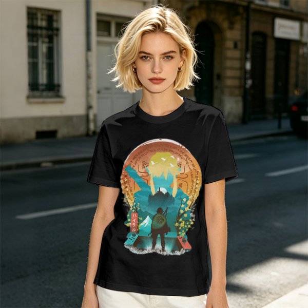 Olive Green T-Shirt With Fantasy Hero Silhouette Landscape Art