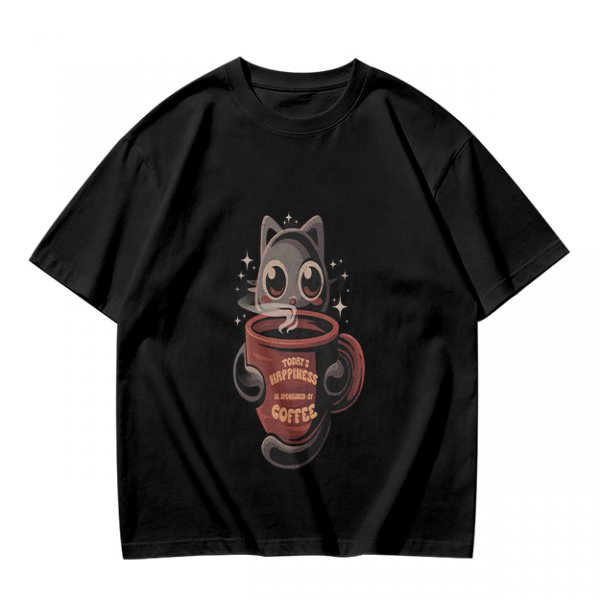 Olive t-shirt with a cartoon cat and coffee cup graphic