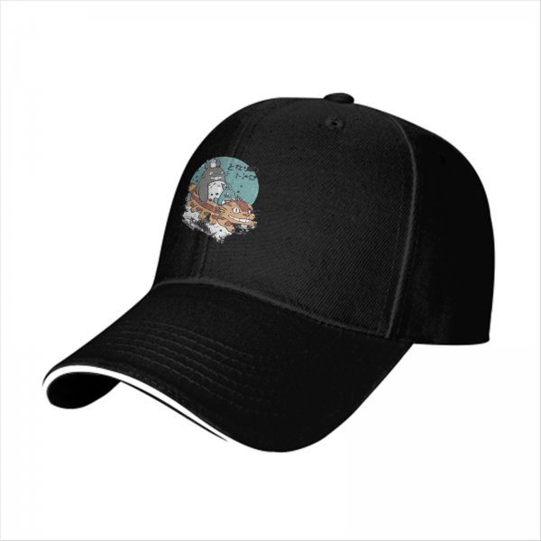 Black Baseball Cap with Totoro and Catbus Anime Graphic