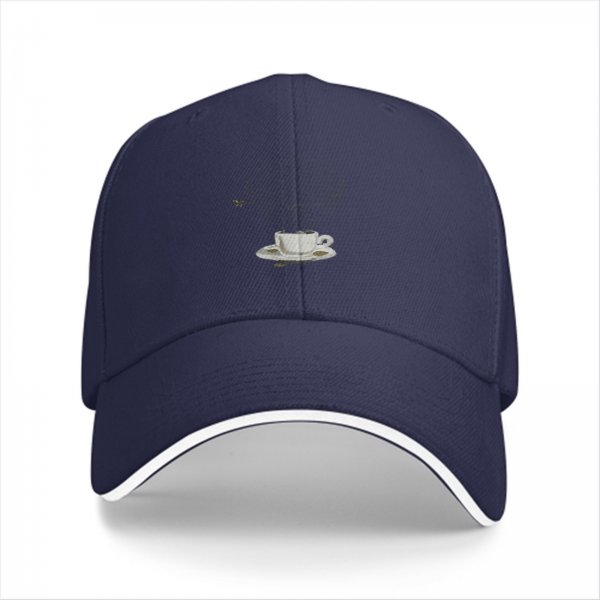 Black Baseball Cap with Coffee Cup and Saucer Graphic