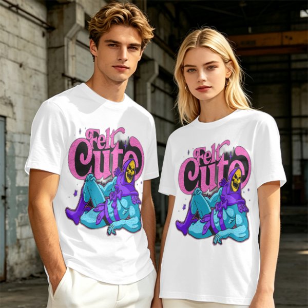 Olive t-shirt with 'Felt Cute' Skeletor graphic print