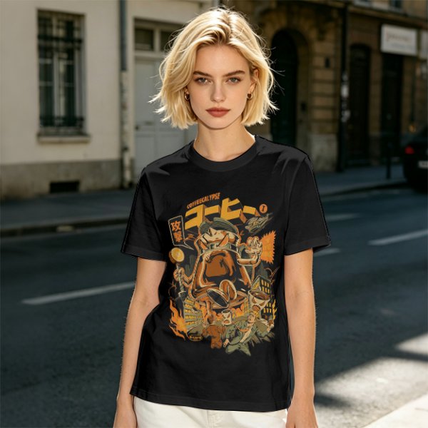 Olive Green T-Shirt with Retro Coffee Monster Graphic Print