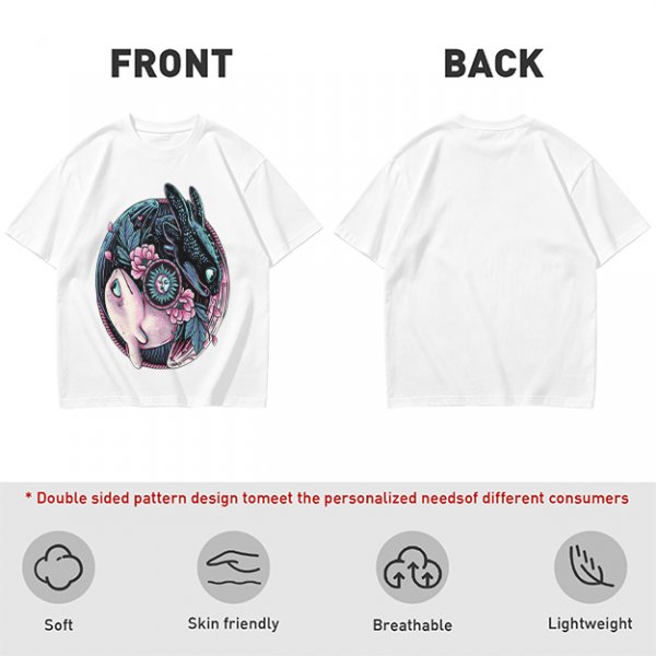 Olive T-Shirt with Yin Yang Dragon Floral Sun Moon Art