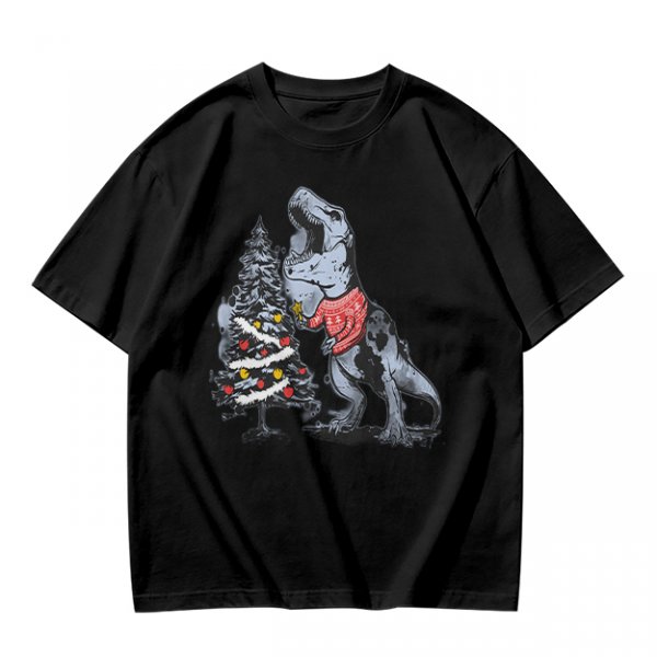 Olive T-shirt with T-Rex in Christmas sweater decorating a tree