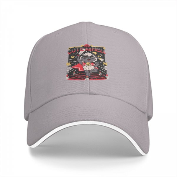 Black baseball cap with cute lamb holding sword 'Cute As Hell' graphic