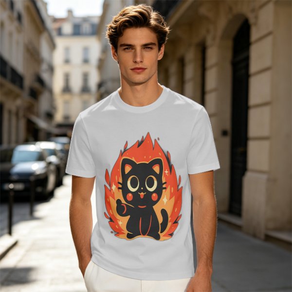 Olive T-Shirt With Cute Black Cat Thumbs Up On Flames Graphic