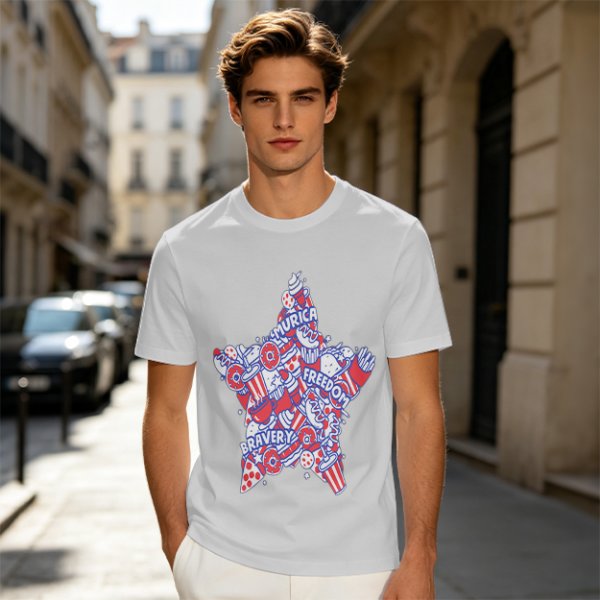 Olive T-Shirt With Patriotic Star Fast Food Print