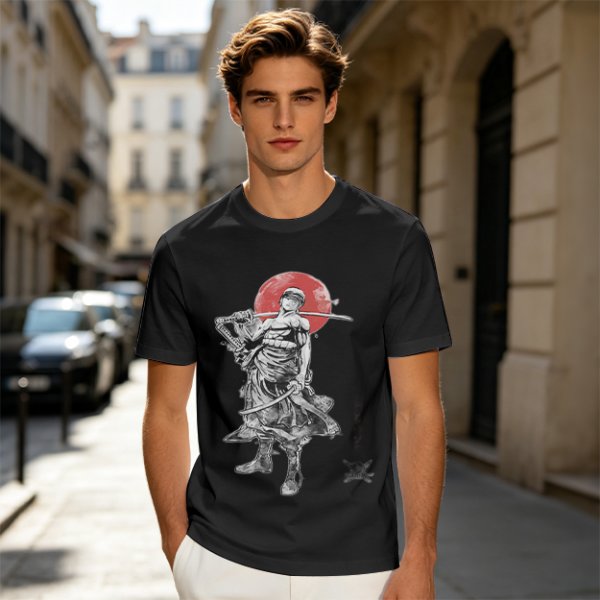 Olive T-shirt with Samurai Swordsman and Red Sun Print