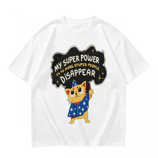 Olive T-shirt with Wizard Cat 'My Super Power Is To Make Stupid People Disappear' Print