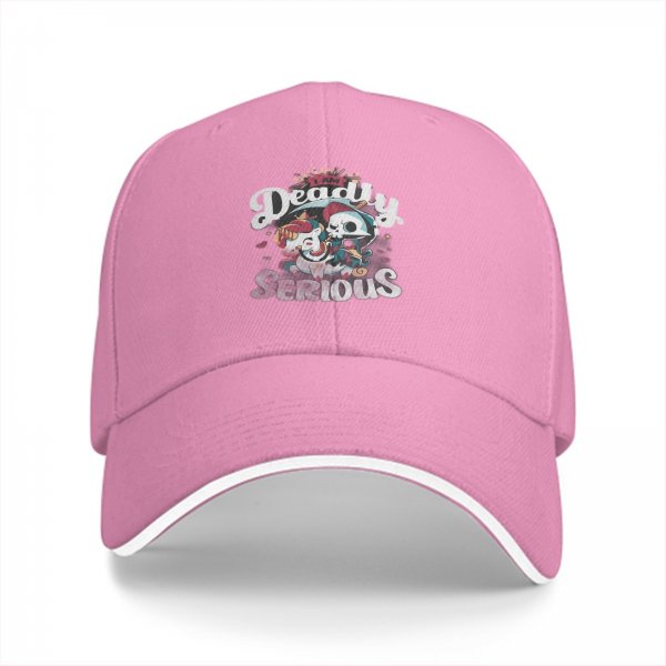 Black baseball cap with 'Deadly Serious' and whimsical skull graphic