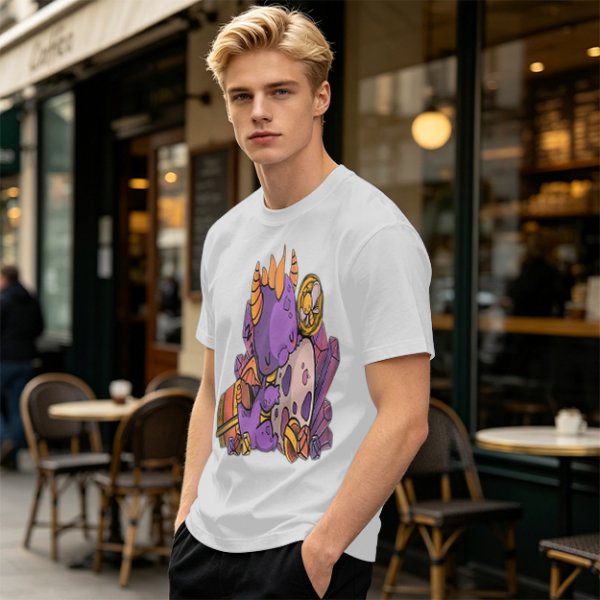 Olive T-Shirt with Cute Sleeping Purple Dragon and Treasure Artwork
